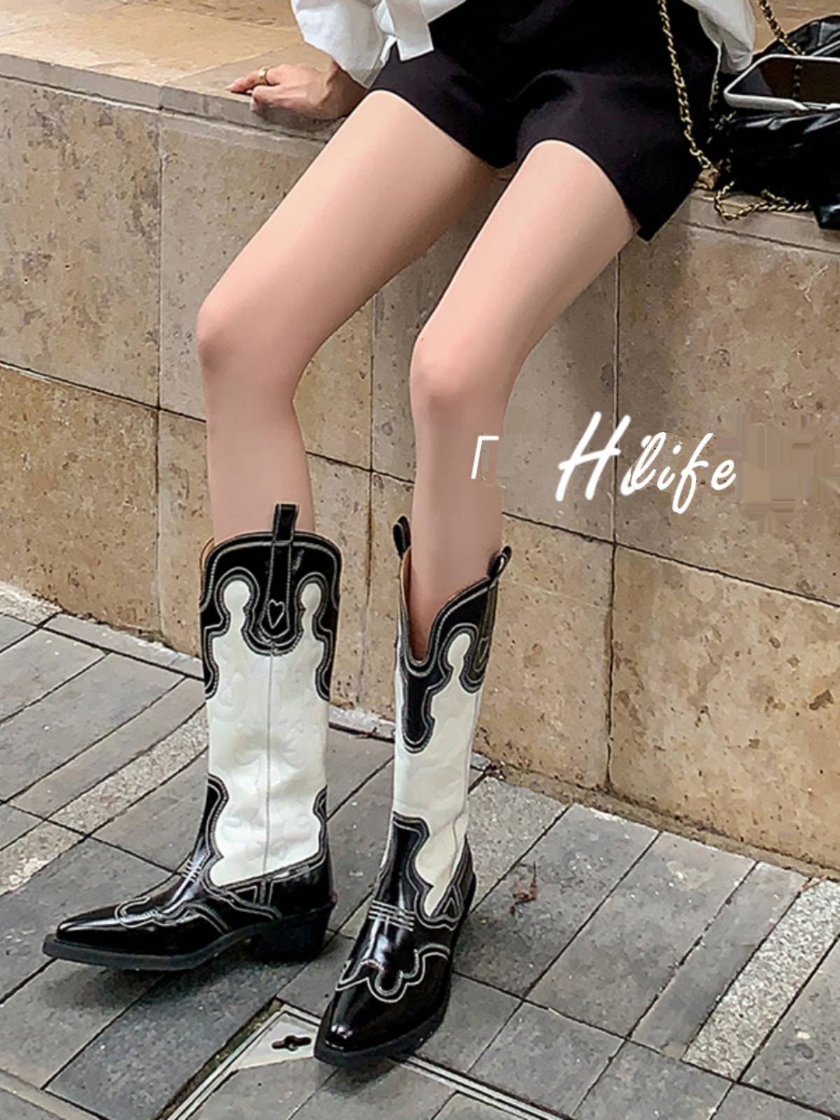 Polygonum Head Head -Western denim boots female summer 2023 leather embroidery colored mid -boots European and American bangs Knight boots