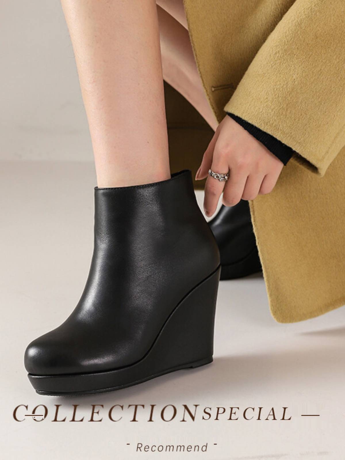 Hate Tiangao 12cm short boots female leather sloper waterproof platform short tube Martin boots autumn and winter rough heel nude boots size size shoe