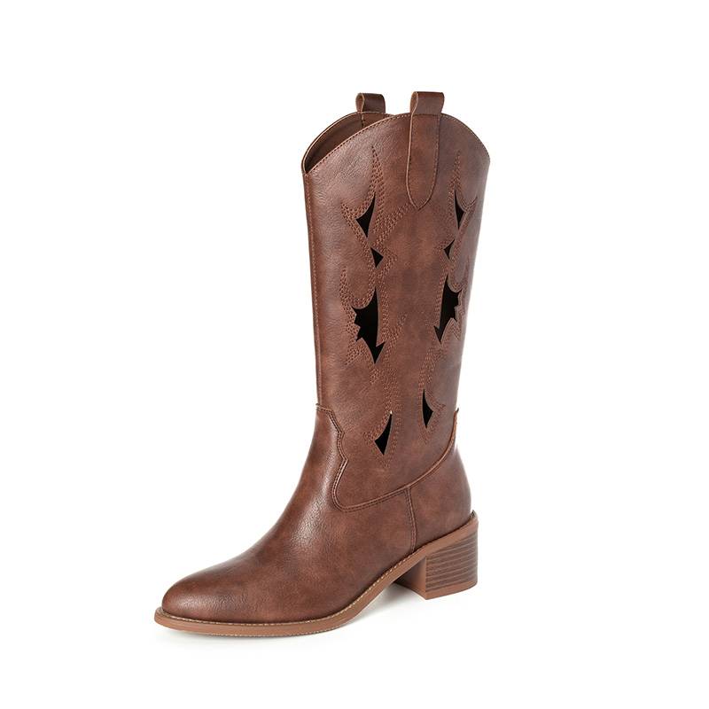 Brown Knight Boots Summer Hollow Boots Children Leather Embroidery Retro Western denim Boots Polarot high -heeled boots