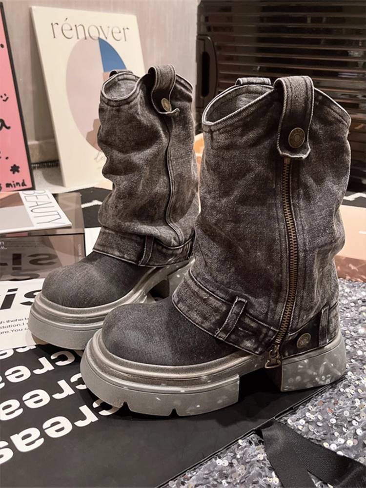 British style thick bottom Martin boots female summer 2024 new explosion Western denim short boots small pants pipe boots