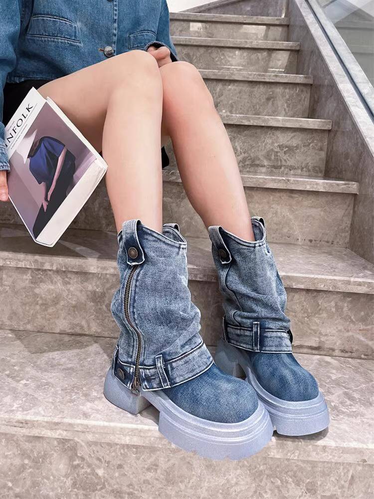 British style thick bottom Martin boots female summer 2024 new explosion Western denim short boots small pants pipe boots