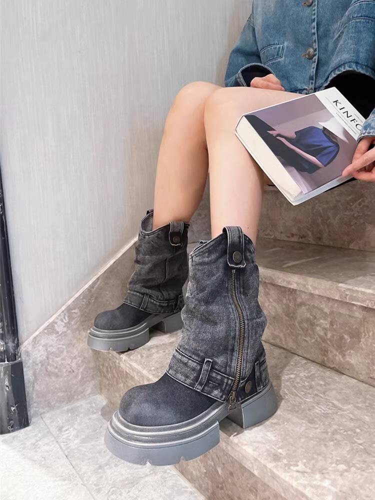 British style thick bottom Martin boots female summer 2024 new explosion Western denim short boots small pants pipe boots