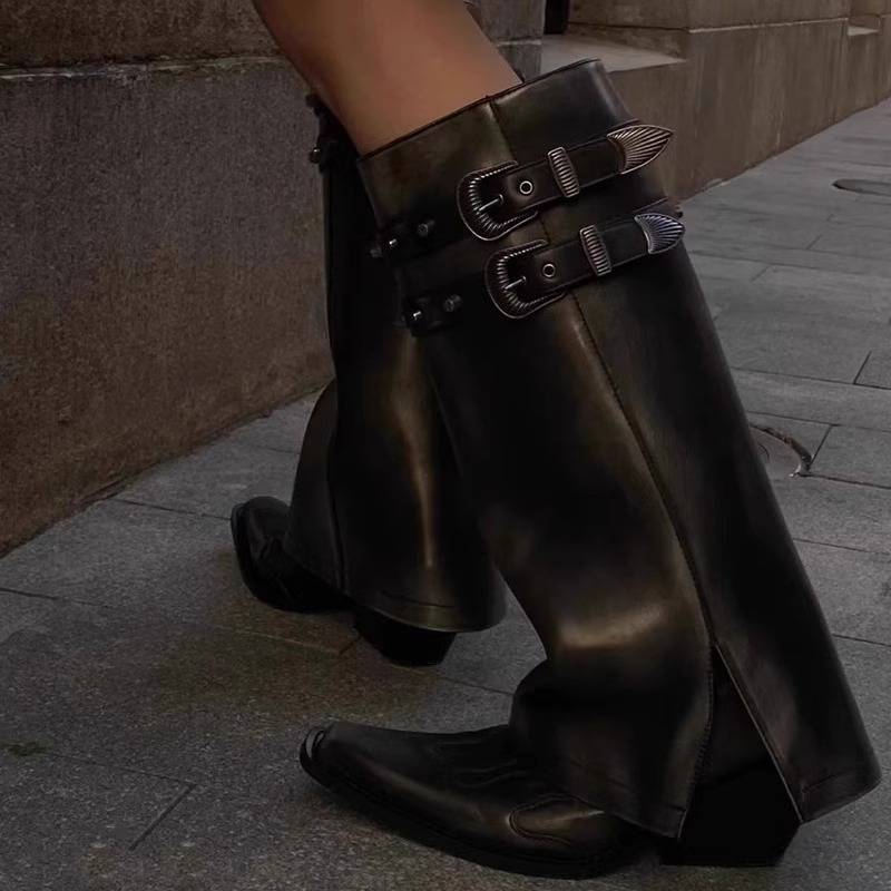 Sweet Martin Boots Autumn Female Pointed Embroidery Western denim boots New Knights Long Boots Fried Street Pants Pipe Boots