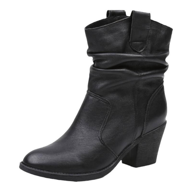 Women's horse boots sleeve leather Martin boots women's spring and autumn single boots head -layer cowhide fold boots black high -heeled boots