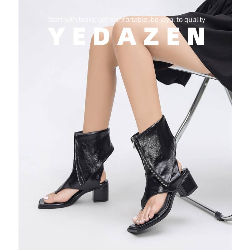 Leather ~ Black Humic Humper Tip Loop Boots Female Summer High -Hee Fried Street Pants Pipe Boots Sandals Land -toed Roman Boot Carse Heel