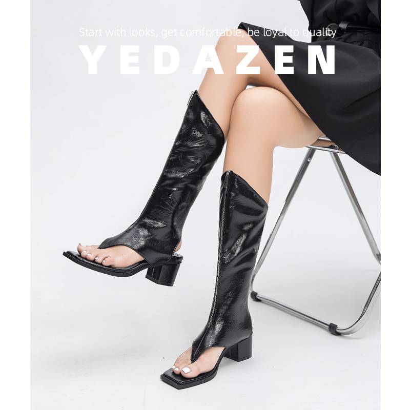 Leather ~ Black Humic Humper Tip Loop Boots Female Summer High -Hee Fried Street Pants Pipe Boots Sandals Land -toed Roman Boot Carse Heel