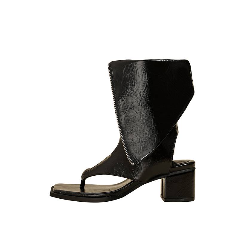 Leather ~ Black Humic Humper Tip Loop Boots Female Summer High -Hee Fried Street Pants Pipe Boots Sandals Land -toed Roman Boot Carse Heel
