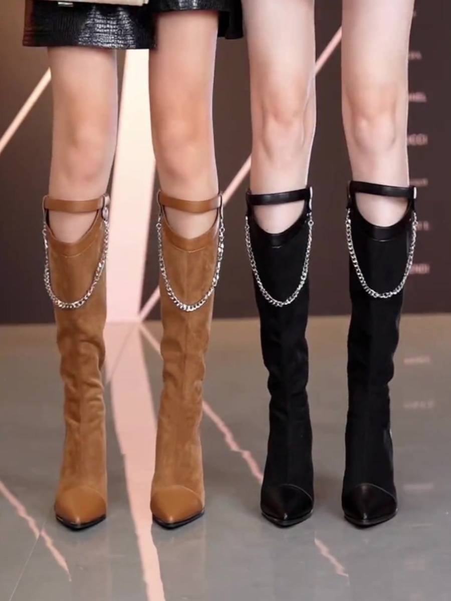 2024 autumn and winter new fashion personality high -heeled knight boots feminine thin boots sexy pointed rough heel boots