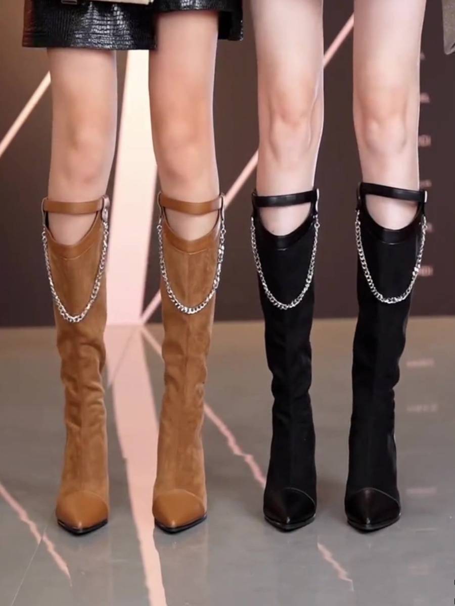 2024 autumn and winter new fashion personality high -heeled knight boots feminine thin boots sexy pointed rough heel boots