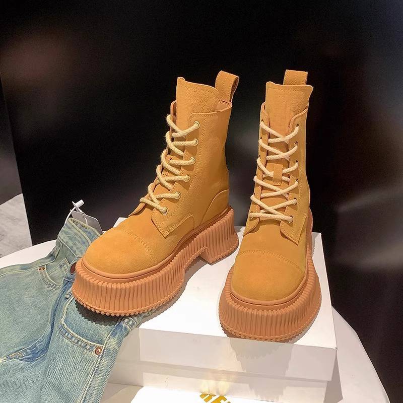 14 cm Wu Xuanyi, the same inner, increasing high yellow boots female thick bottom leather 12 cm small 10cm Martin boots