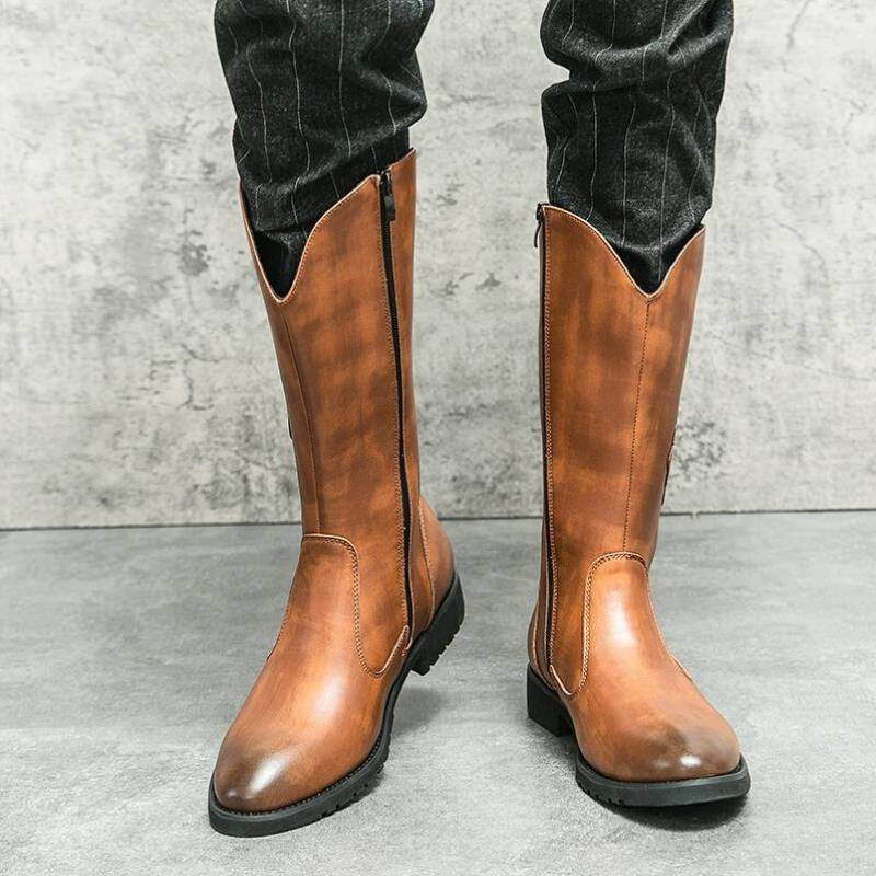 American brown Martin Boots Men's Autumn and Winter Western denim workers embroidered long tube side zipper high -top riding boots