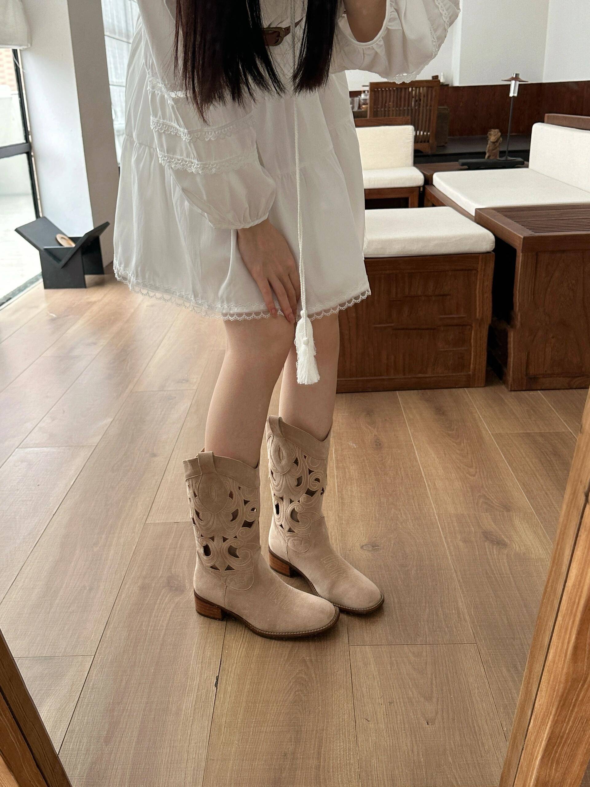 Xujia Western denim boots female retro knight boots spring and summer hollow and breathable ethnic style long boots Martin boots