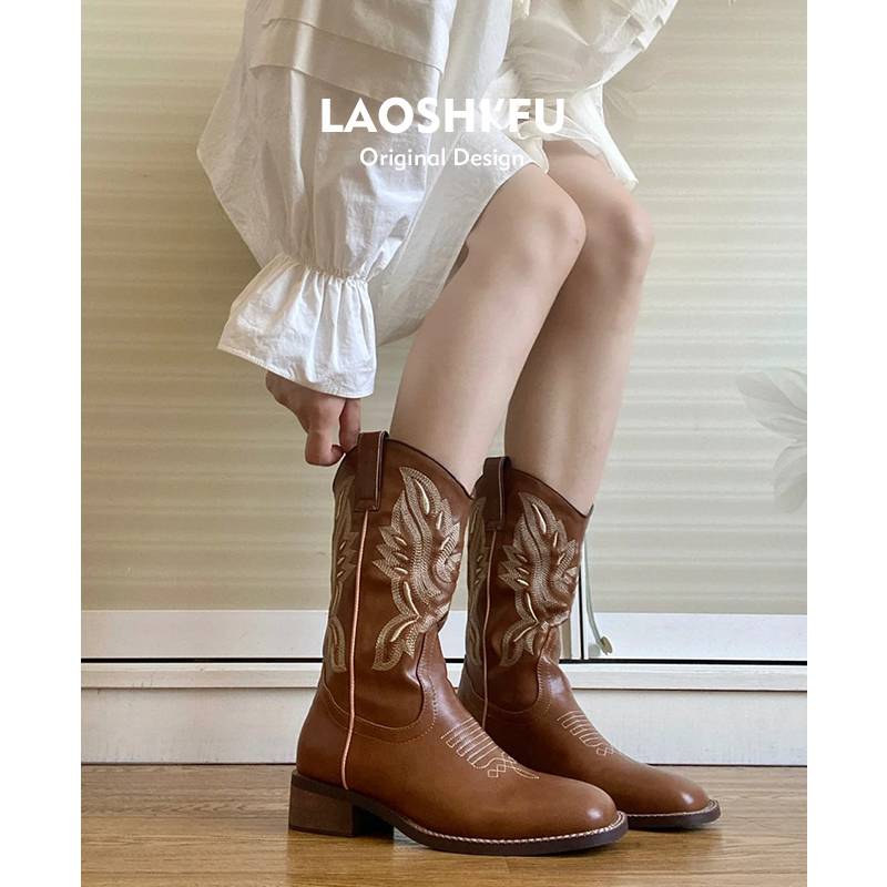 Leather embroidery Western denim boots female 2024 new knight boots mid -tube Martin boots Chelsea boot boots