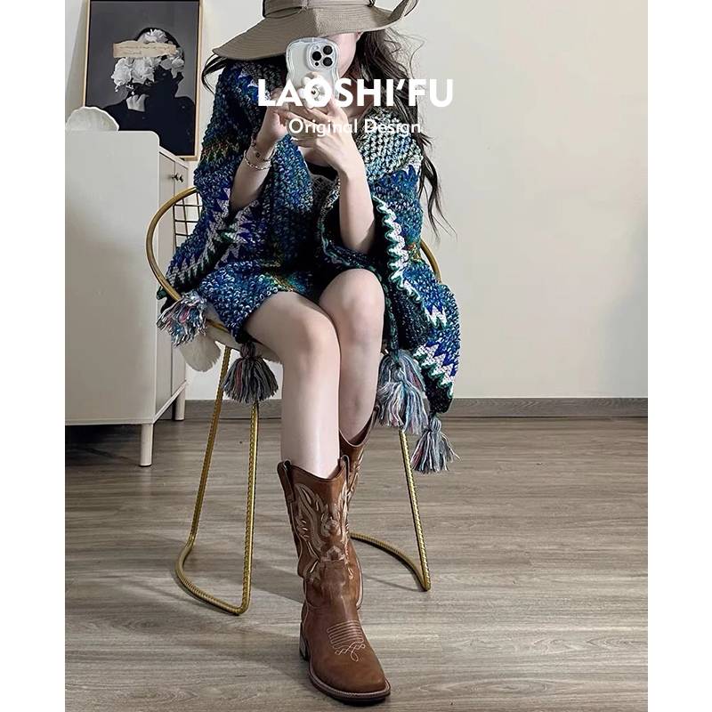 Leather embroidery Western denim boots female 2024 new knight boots mid -tube Martin boots Chelsea boot boots