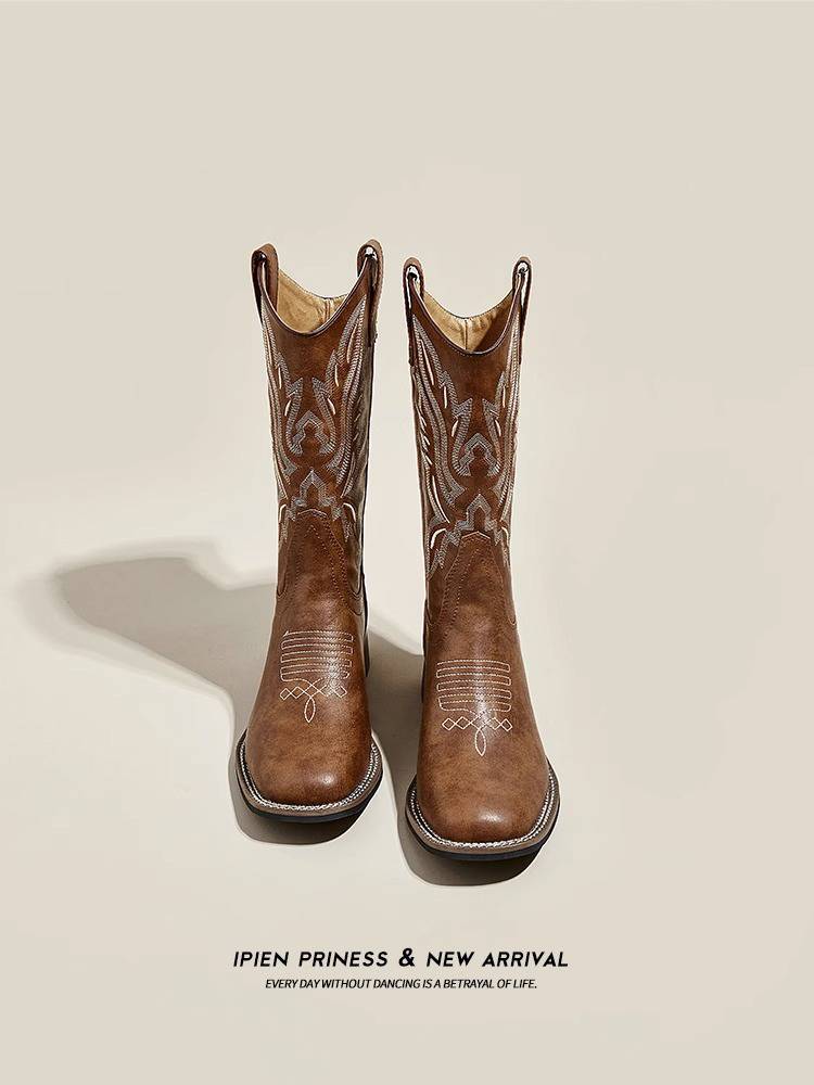 Leather Western denim boots female 2023 new high -heeled knight boots mid -tube Martin boots Chelsea boot boots