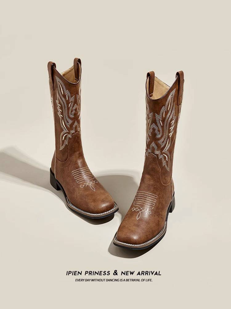 Leather Western denim boots female 2023 new high -heeled knight boots mid -tube Martin boots Chelsea boot boots