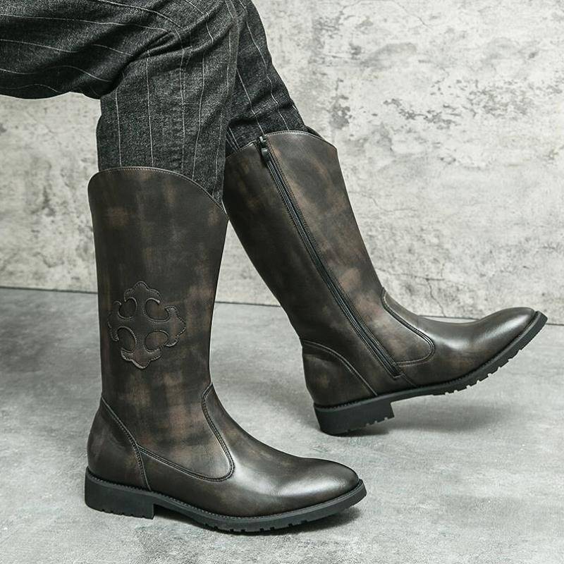 American brown Martin Boots Men's Autumn and Winter Western denim workers embroidered long tube side zipper high -top riding boots