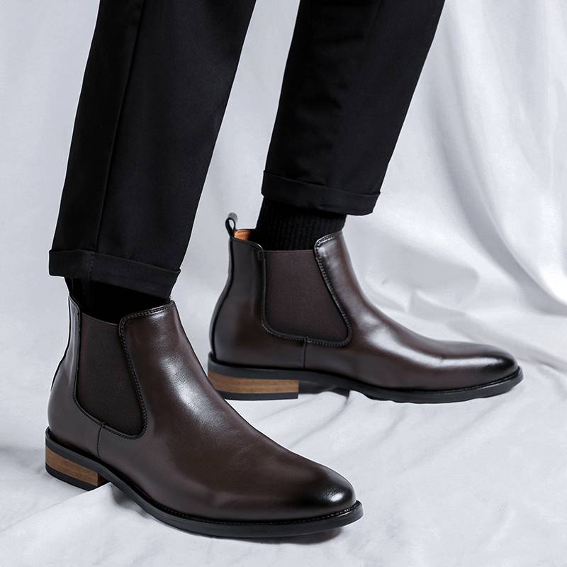 Chelsea boots men's autumn and winter high -top pointed leather shoes men's thick bottom British wind winter brown brown martial arts short boots