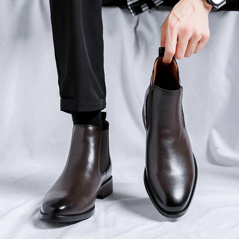 Chelsea boots men's autumn and winter high -top pointed leather shoes men's thick bottom British wind winter brown brown martial arts short boots
