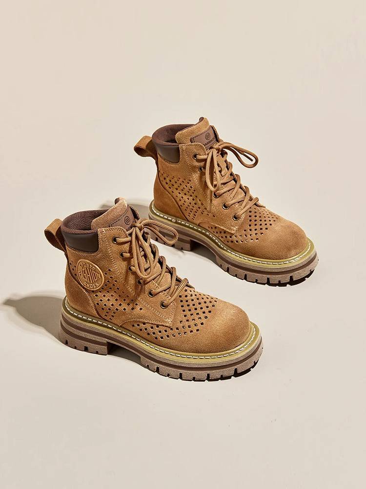 Thick -soled big yellow boots hollow Martin boots female summer Tibetan trip to wearing western Sichuan grassland denim boots