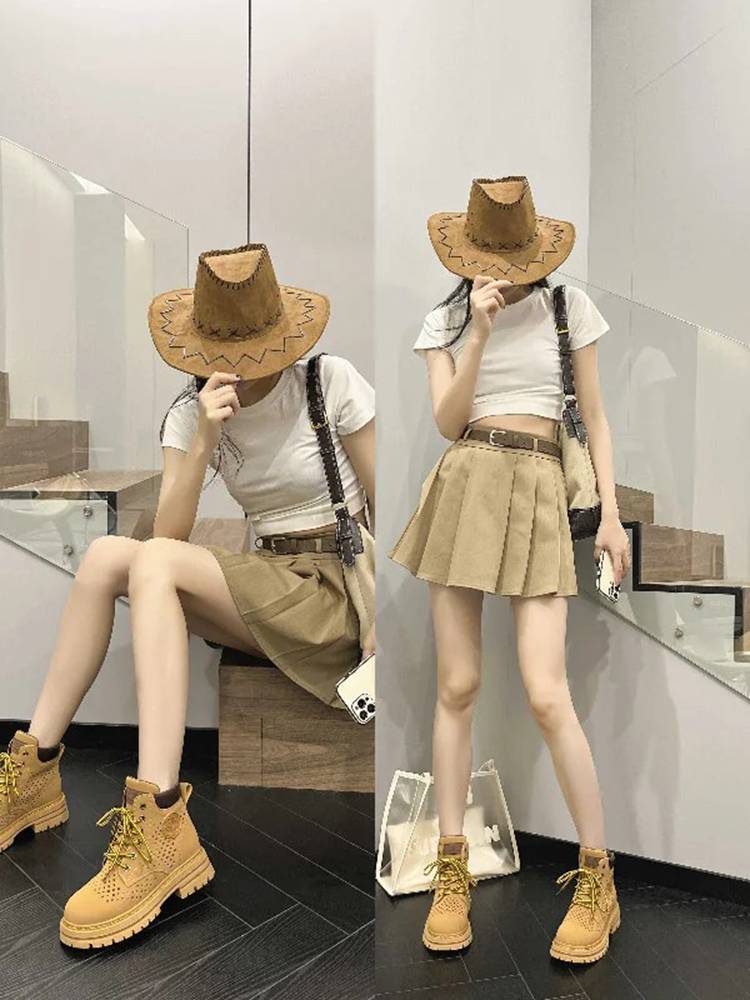 Thick -soled big yellow boots hollow Martin boots female summer Tibetan trip to wearing western Sichuan grassland denim boots