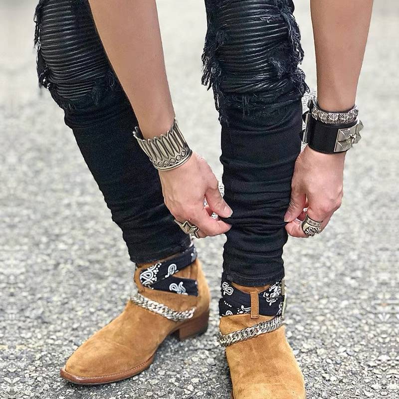 Summer European and American chain Chelsea Boot Chelsea boots men's leather pointed pointed Martin boots male heroine trend