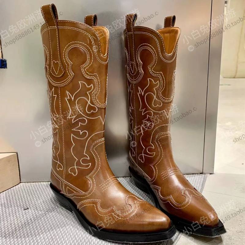 Purchase Ganni splicing leather boots pointed high -headed cowhide tribe boots retro leather embroidery V -port horse boots