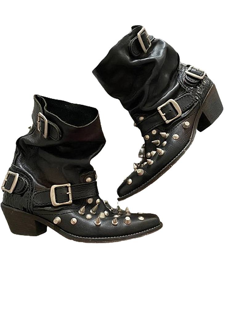 Punk street Chelsea short boots 2024 new pointed sleeve women's rough metal buckle Martin boots