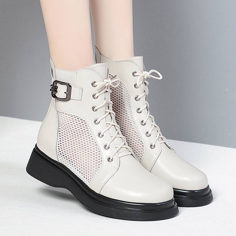 Summer new leather Martin boots women's net yarn hollow flat soft bottom sandals, cool boots, air -breathable net boots