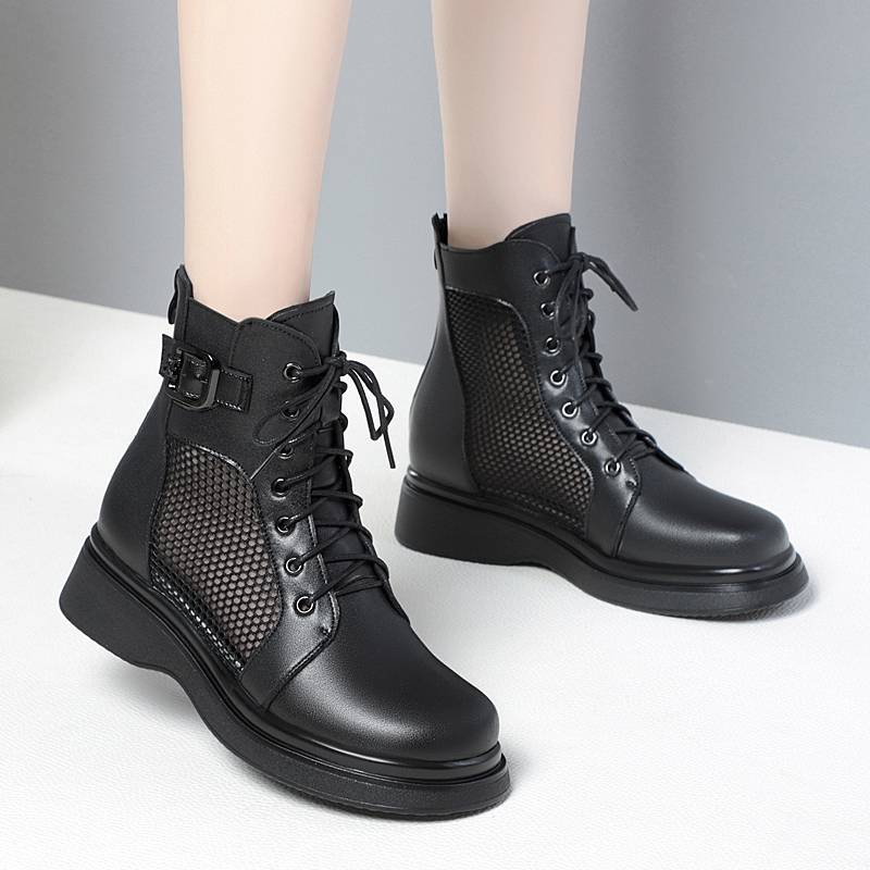 Summer new leather Martin boots women's net yarn hollow flat soft bottom sandals, cool boots, air -breathable net boots
