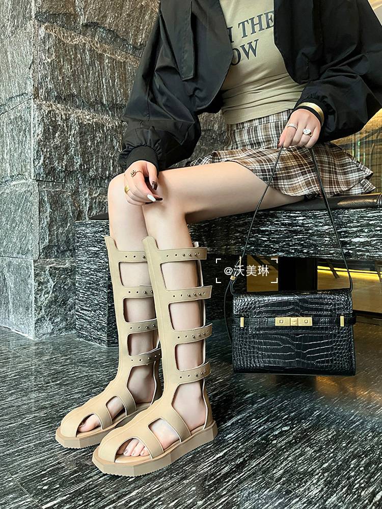 Leather hollow boots female summer flat long boots niche design feel hot girl rivet high cylinder Roman boots tide
