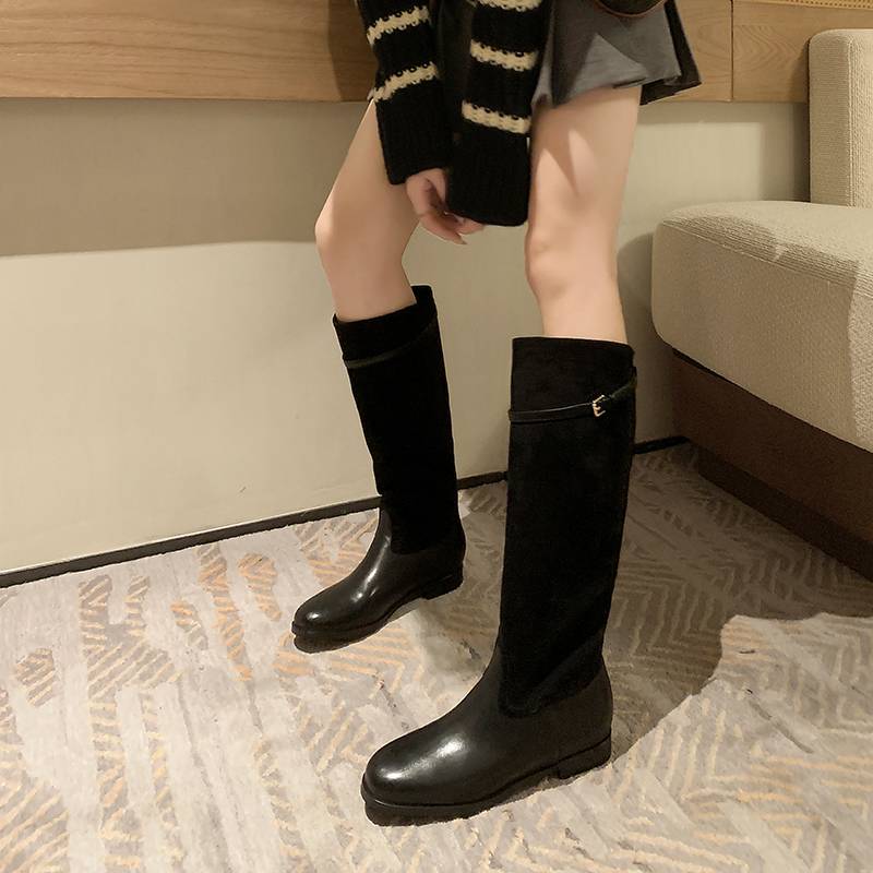 Full leather belt buckle flat color matching high -tech boots Children Cavaliers retro winter and knee horse boots big tube siege brown