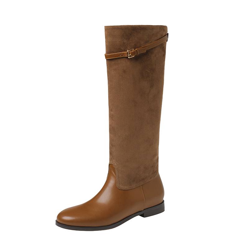 Full leather belt buckle flat color matching high -tech boots Children Cavaliers retro winter and knee horse boots big tube siege brown