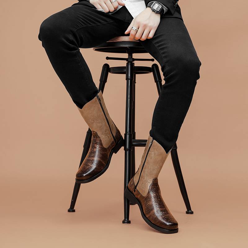 Leather western denim Mongolian riding boots men's high -pipe Martin boots retro boots leather boots European Station Chelsea boots