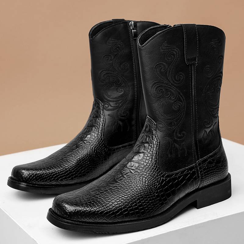 Leather western denim Mongolian riding boots men's high -pipe Martin boots retro boots leather boots European Station Chelsea boots