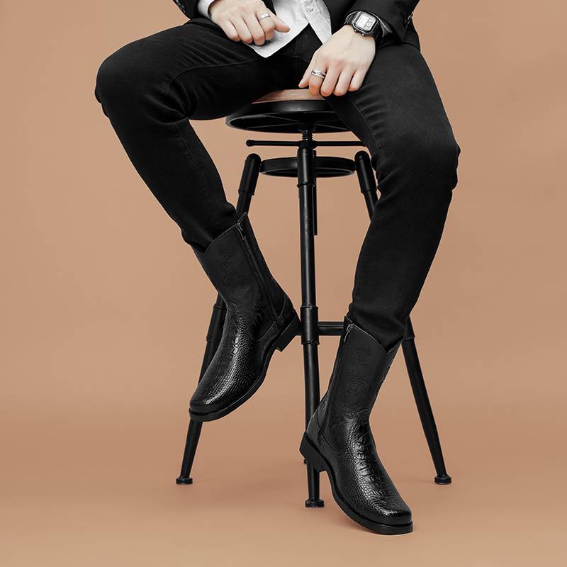 Leather western denim Mongolian riding boots men's high -pipe Martin boots retro boots leather boots European Station Chelsea boots