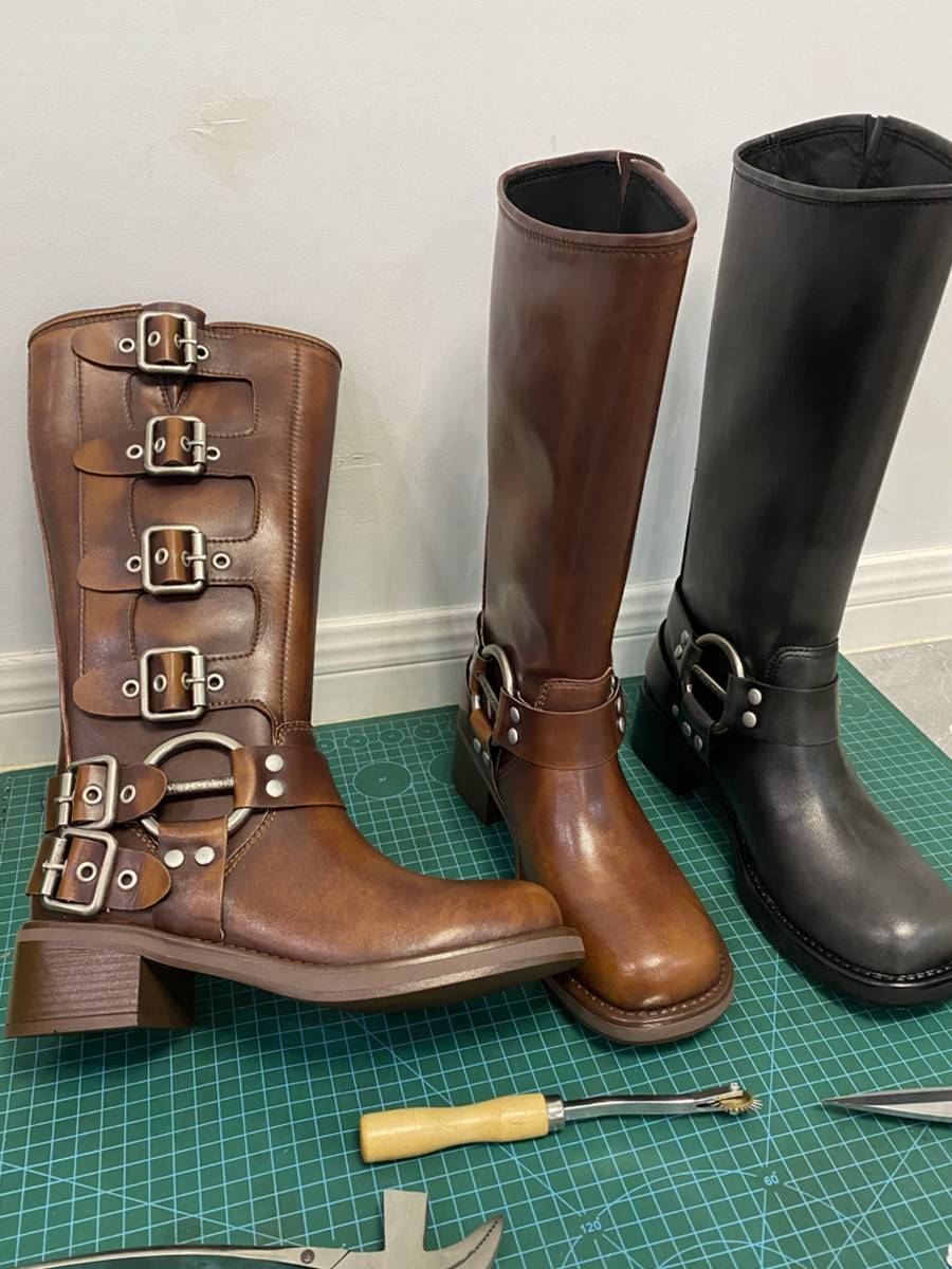 Leather retro brown thick heel western denim boots belt buckle but knee boots miu family boots knight boots