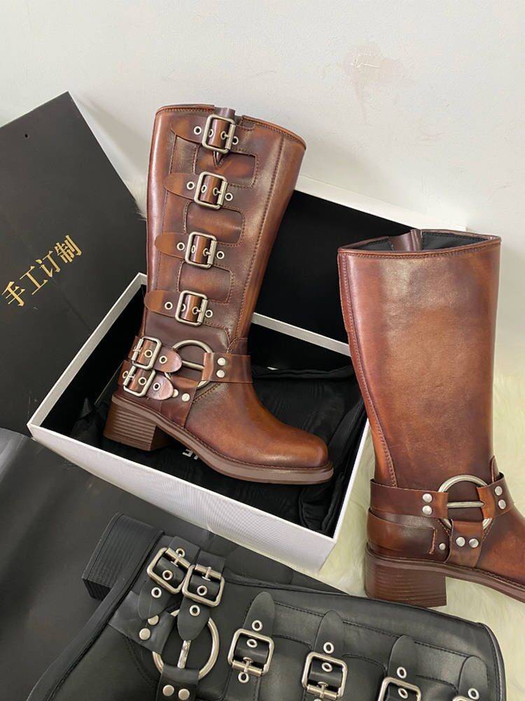 Leather retro brown thick heel western denim boots belt buckle but knee boots miu family boots knight boots