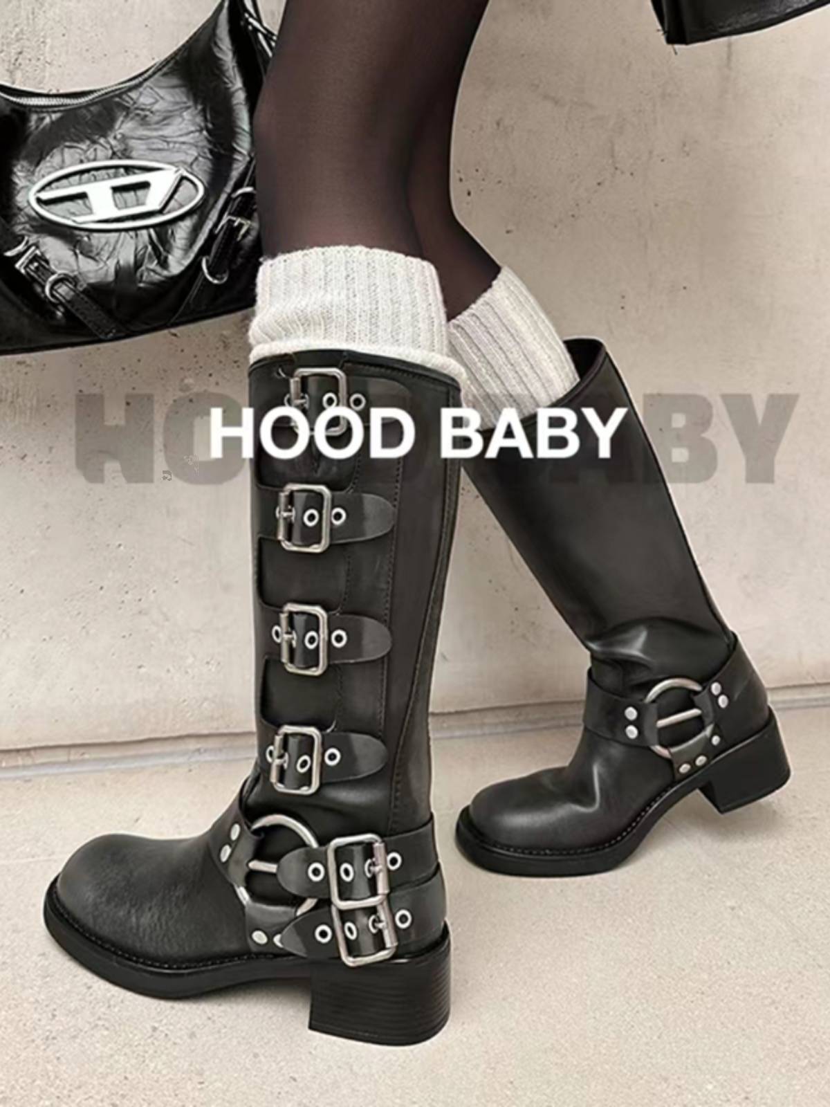 Leather retro brown thick heel western denim boots belt buckle but knee boots miu family boots knight boots
