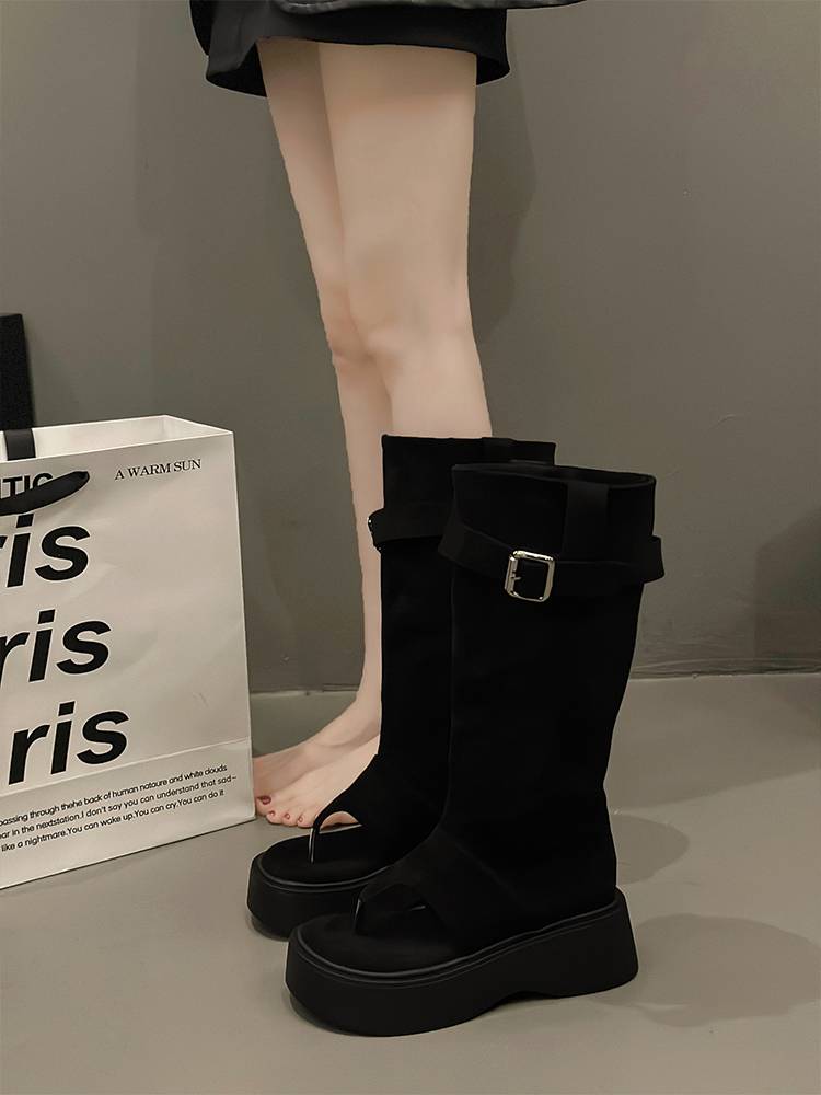 Thick -bottomed toe cold boots female 2024 new summer pinching sandals high tube western denim pile boots increase boots