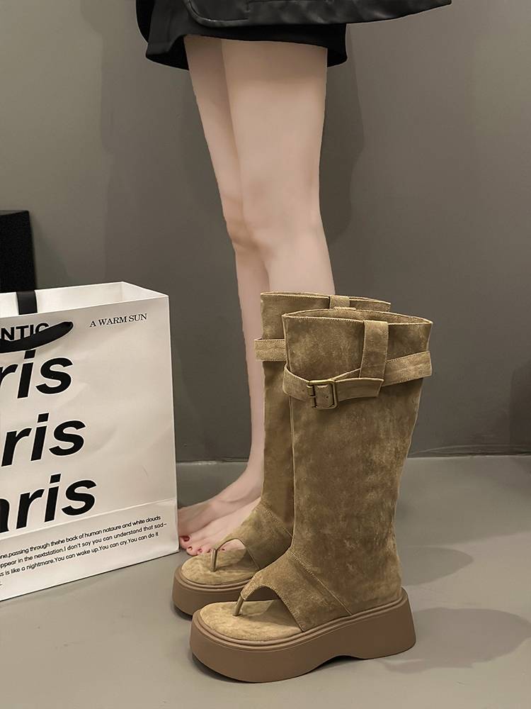 Thick -bottomed toe cold boots female 2024 new summer pinching sandals high tube western denim pile boots increase boots