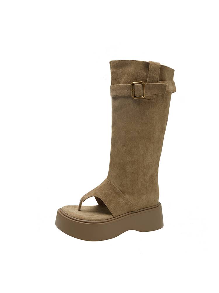 Thick -bottomed toe cold boots female 2024 new summer pinching sandals high tube western denim pile boots increase boots