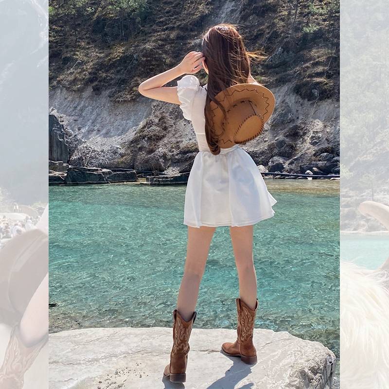 He Sui the same retro western denim boot female 2024 new V -mouth knight boots high boots spring Martin boots