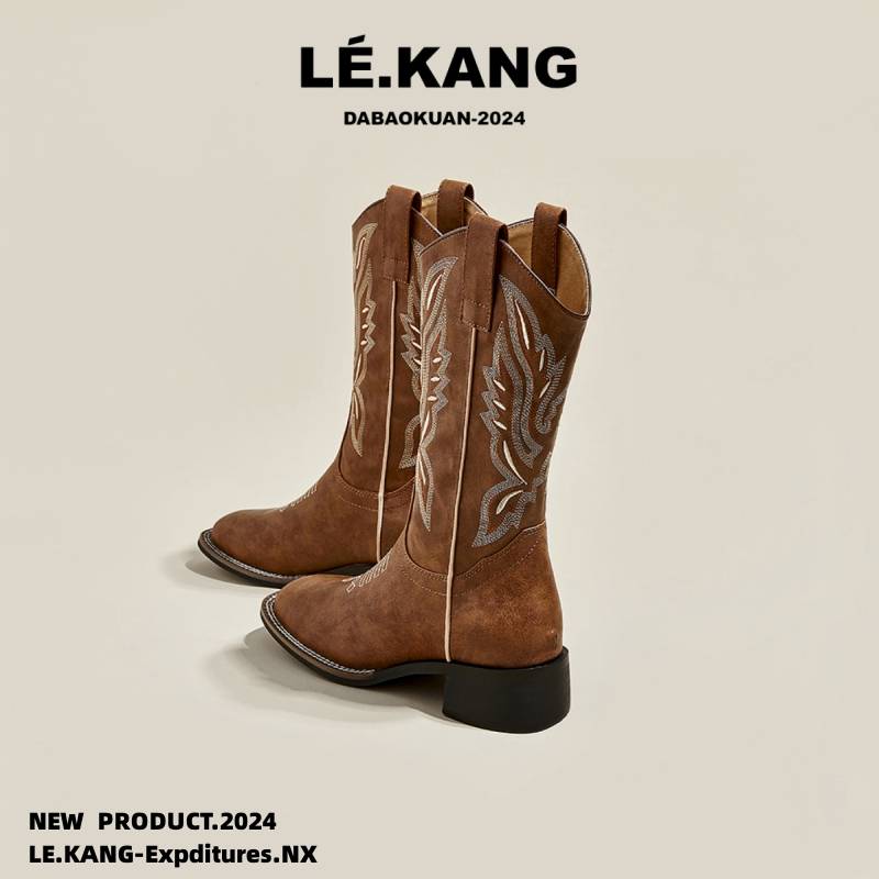 He Sui the same retro western denim boot female 2024 new V -mouth knight boots high boots spring Martin boots