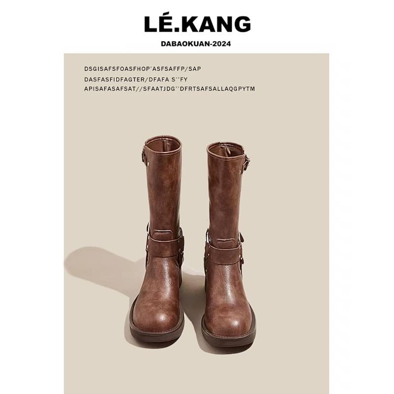 Mid -tube knight boots spring brown brown retro Martin boots female 2024 new thick bottom western denim wearing short boots