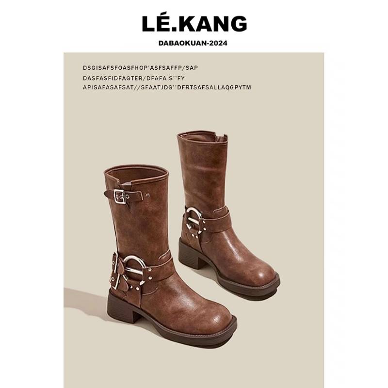 Mid -tube knight boots spring brown brown retro Martin boots female 2024 new thick bottom western denim wearing short boots