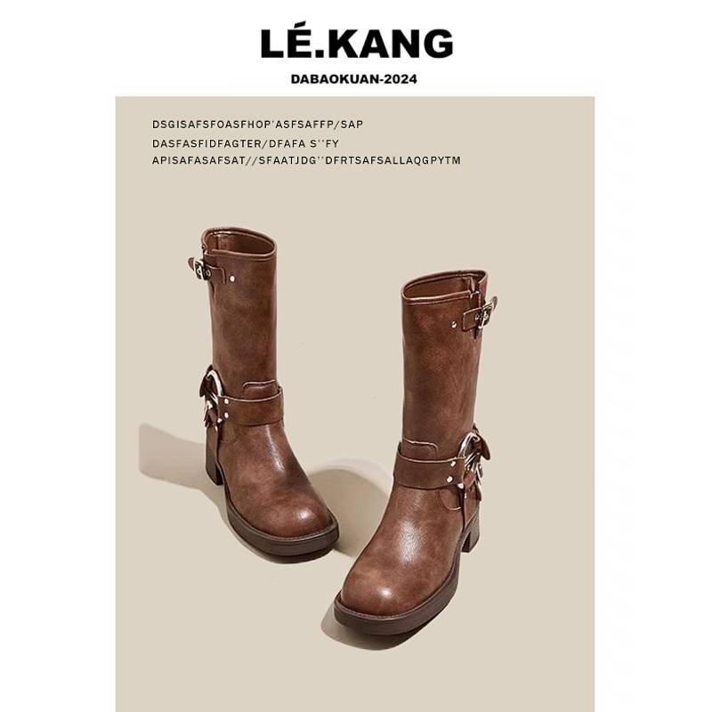 Mid -tube knight boots spring brown brown retro Martin boots female 2024 new thick bottom western denim wearing short boots