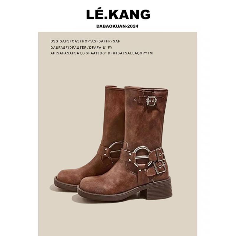 Mid -tube knight boots spring brown brown retro Martin boots female 2024 new thick bottom western denim wearing short boots