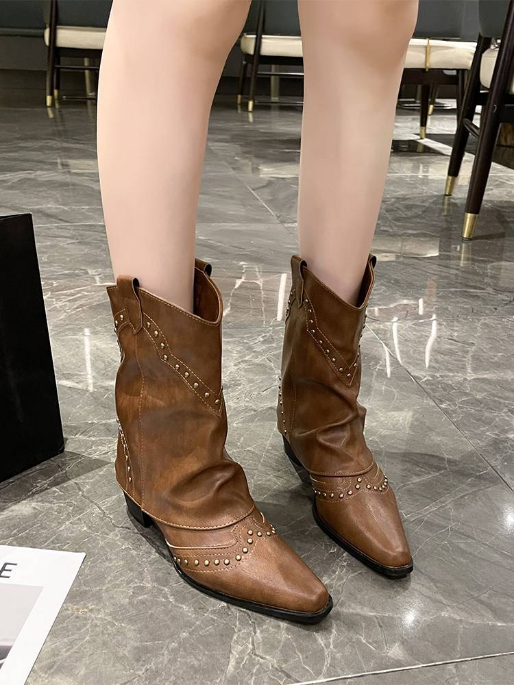 WEST COWBOY BOOTS AND SHORT BOOTS 2023 NEW AUTUMN V KNIGHT'S BOOTS POINTY-HEADS NAILED OLD PANTS