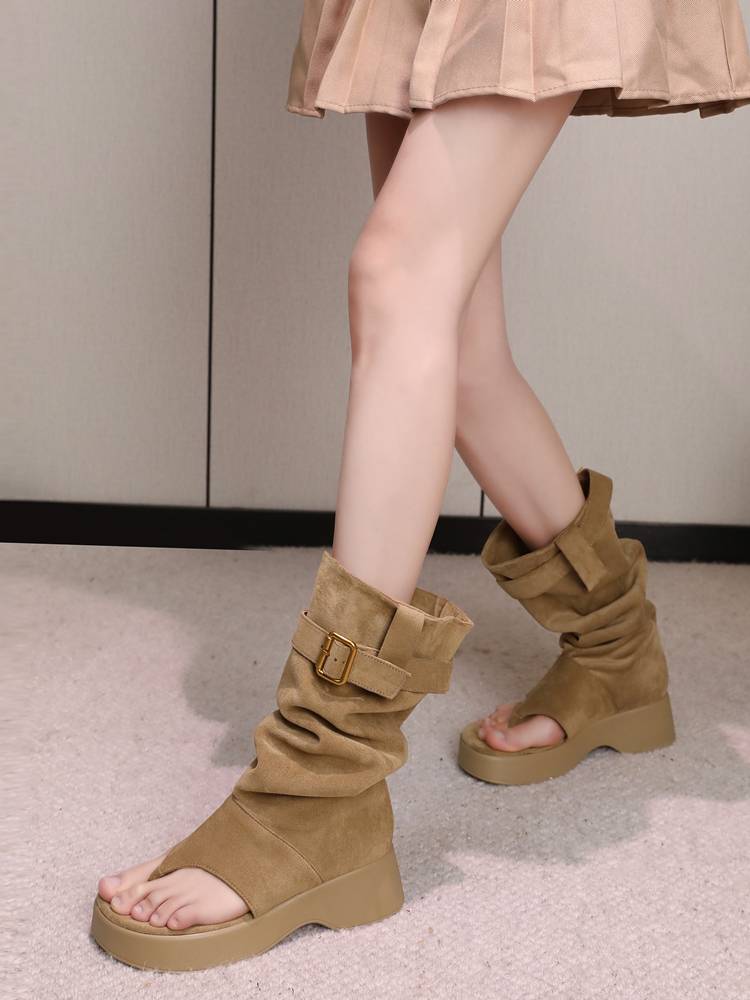 Holding toe boots 2024 new summer boots thick soles increase western denim pile boots.